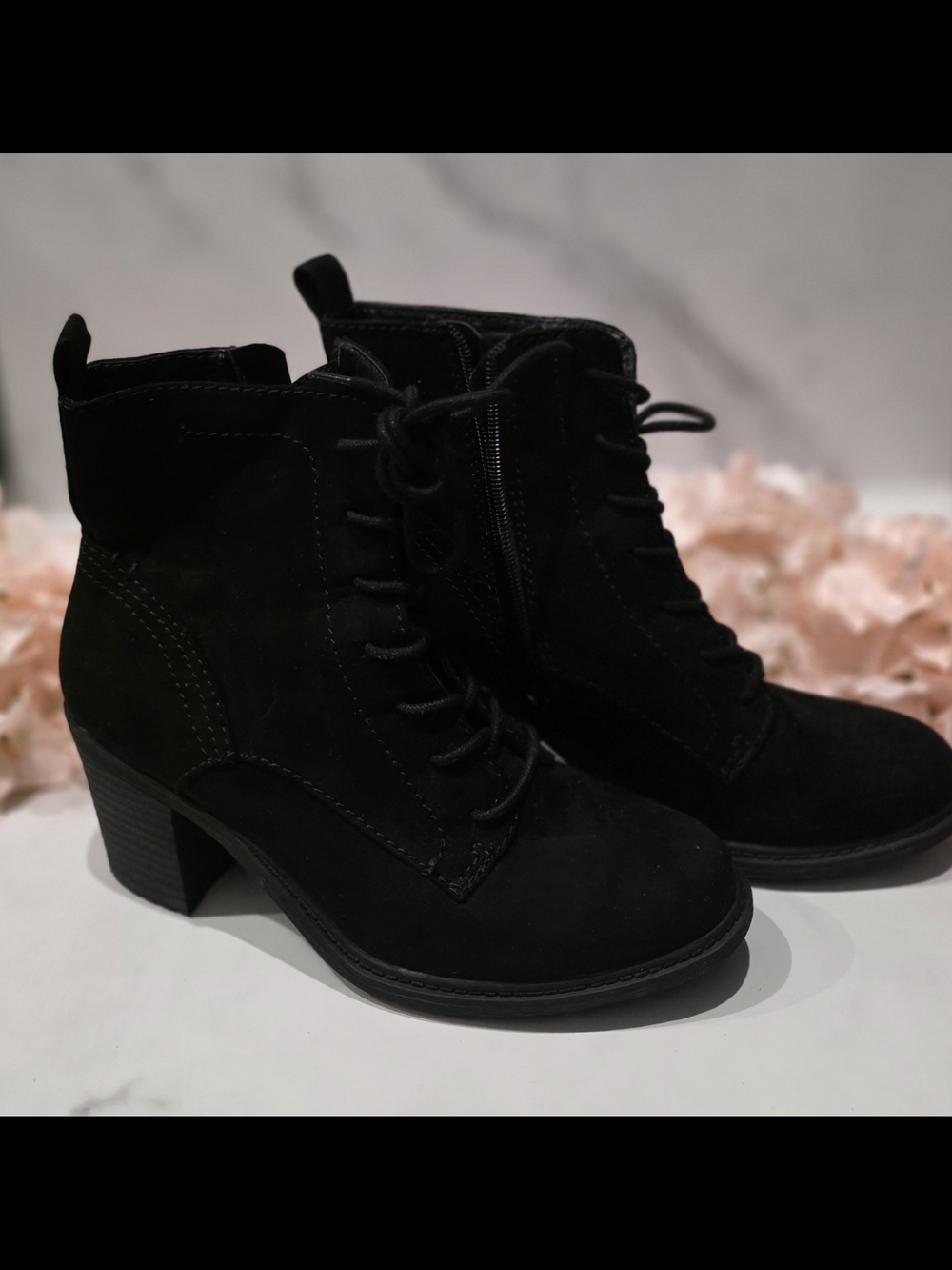 True Craft- Black Lace-Up Block Heel Ankle Boots - Women